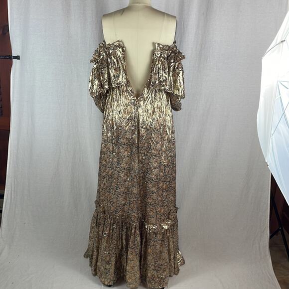 LoveShackFancy Tara Gold Ruffle Off Shoulder Maxi Dress - Picture 9 of 14